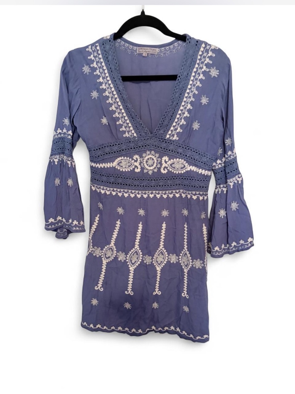 Boho Embroidered & Lace V-Neck Women's Dress in Dusty Blue